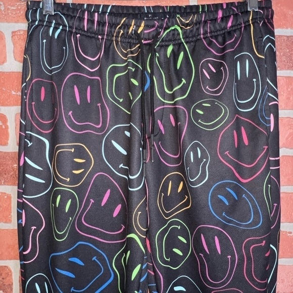 Public Record Pants L Jogger Sweats Smiley Face Graphic Black Neon Activewear - Picture 3 of 13